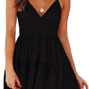 ECOWISH Womens V-Neck Spaghetti Strap Bowknot Large Sleeveless Lace Mini  Small